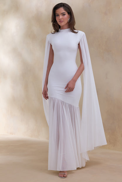 Chantelle | White High-Neck Maxi Dress With Drop-Waist And Cape-Sleeves