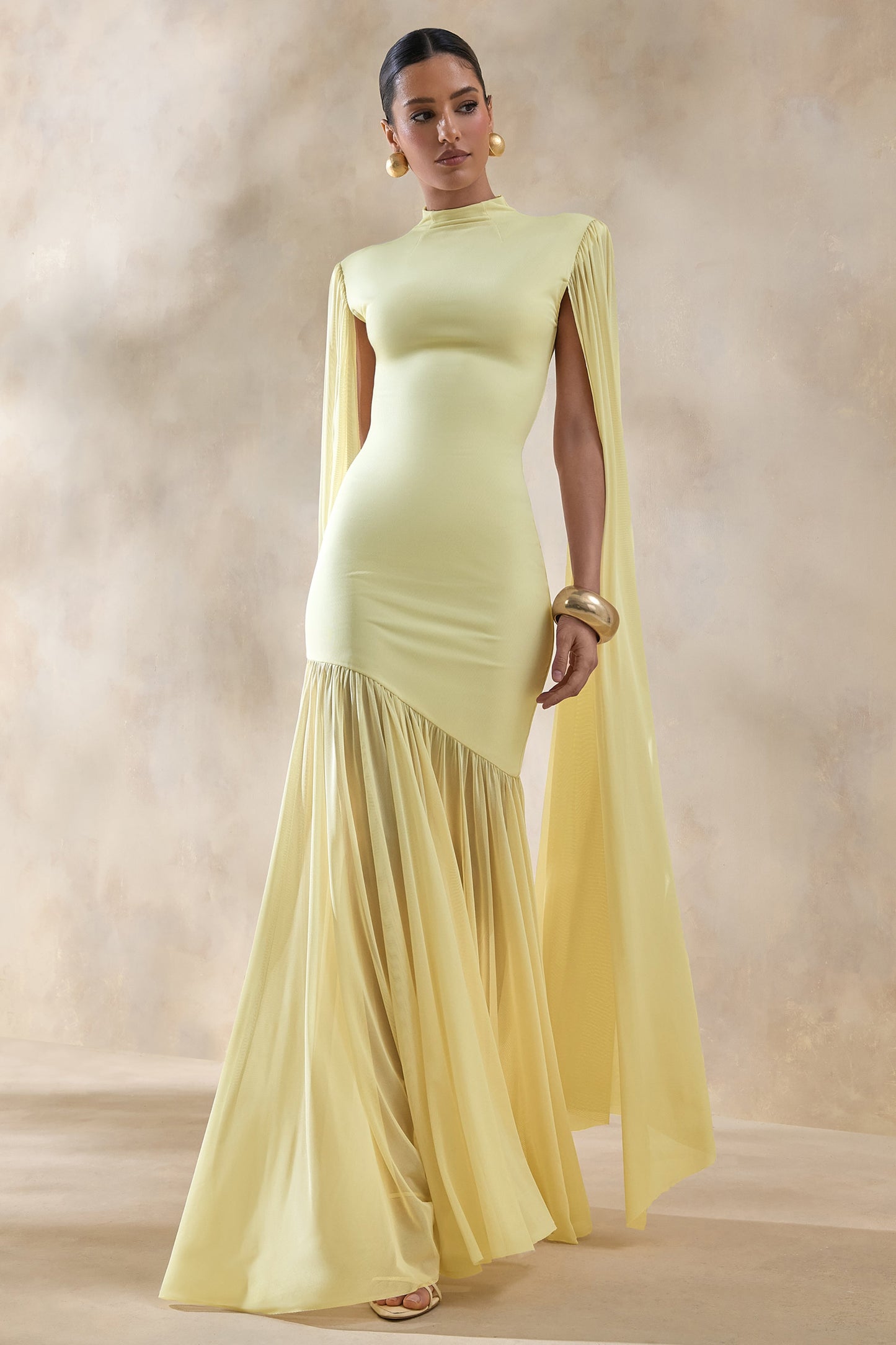 Chantelle | Lemon High-Neck Maxi Dress With Drop-Waist And Cape-Sleeves