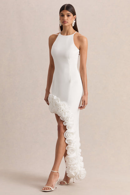 Indira | White Halter-Neck Maxi Dress With Asymmetric-Floral Hem