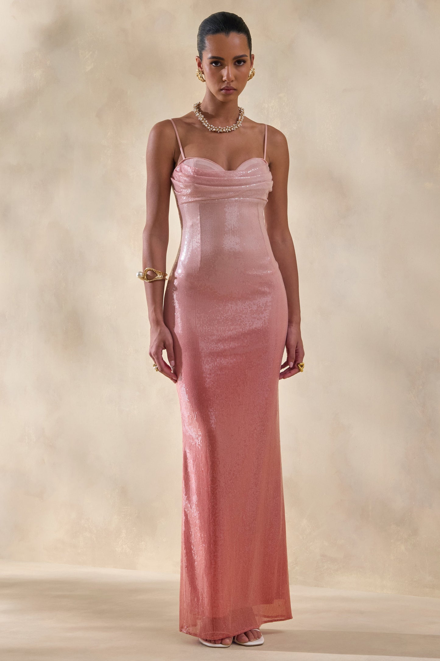 Feloria | Coral Ombre Sequin Cowl-Neck Maxi Dress