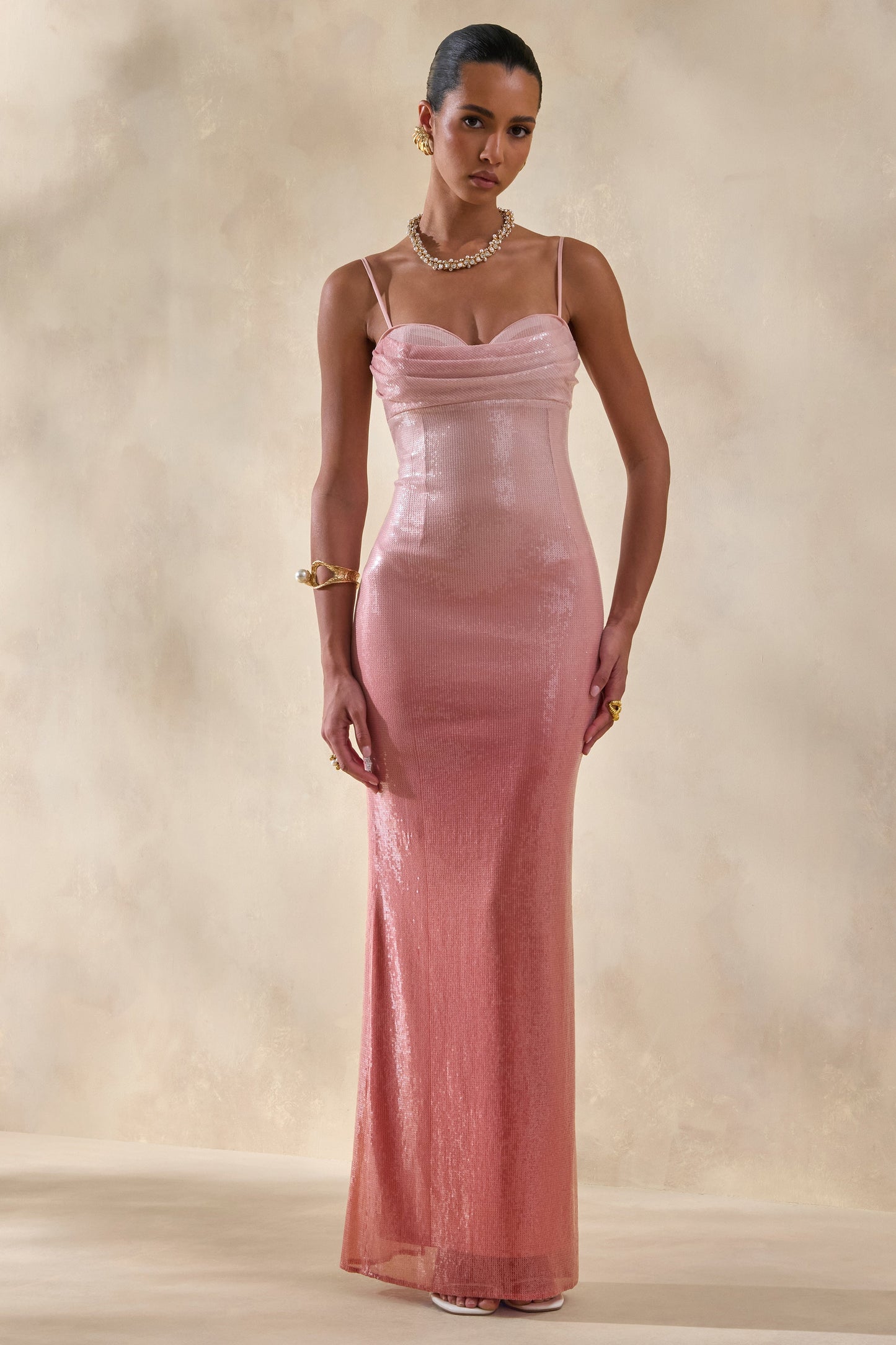 Feloria | Coral Ombre Sequin Cowl-Neck Maxi Dress