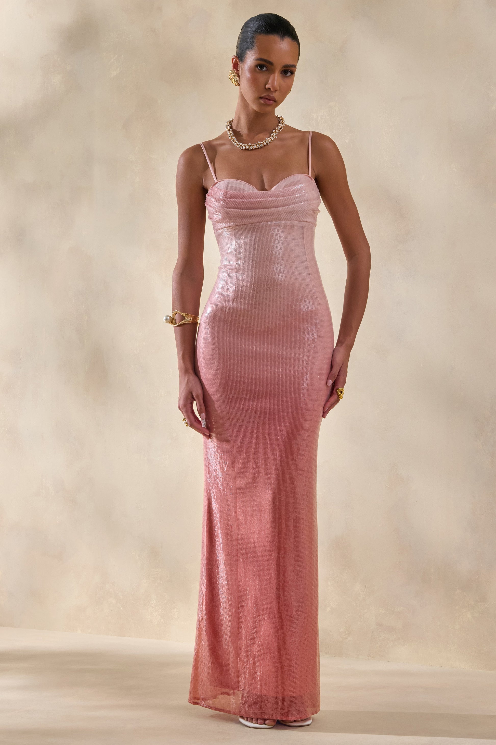 Feloria | Coral Ombre Sequin Cowl-Neck Maxi Dress