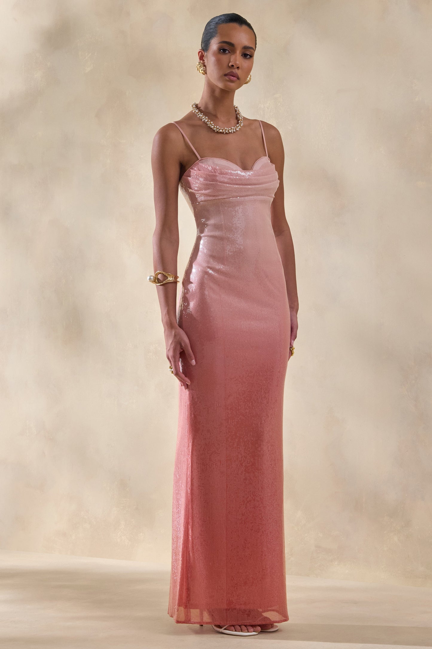 Feloria | Coral Ombre Sequin Cowl-Neck Maxi Dress