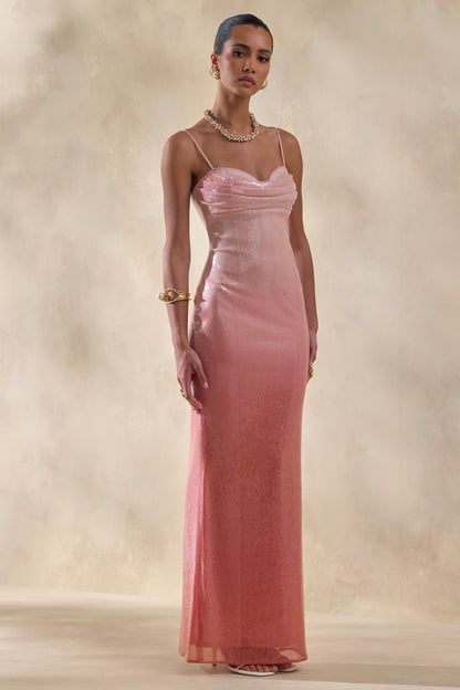 Feloria | Coral Ombre Sequin Cowl-Neck Maxi Dress