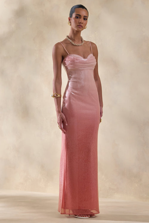 Feloria | Coral Ombre Sequin Cowl-Neck Maxi Dress