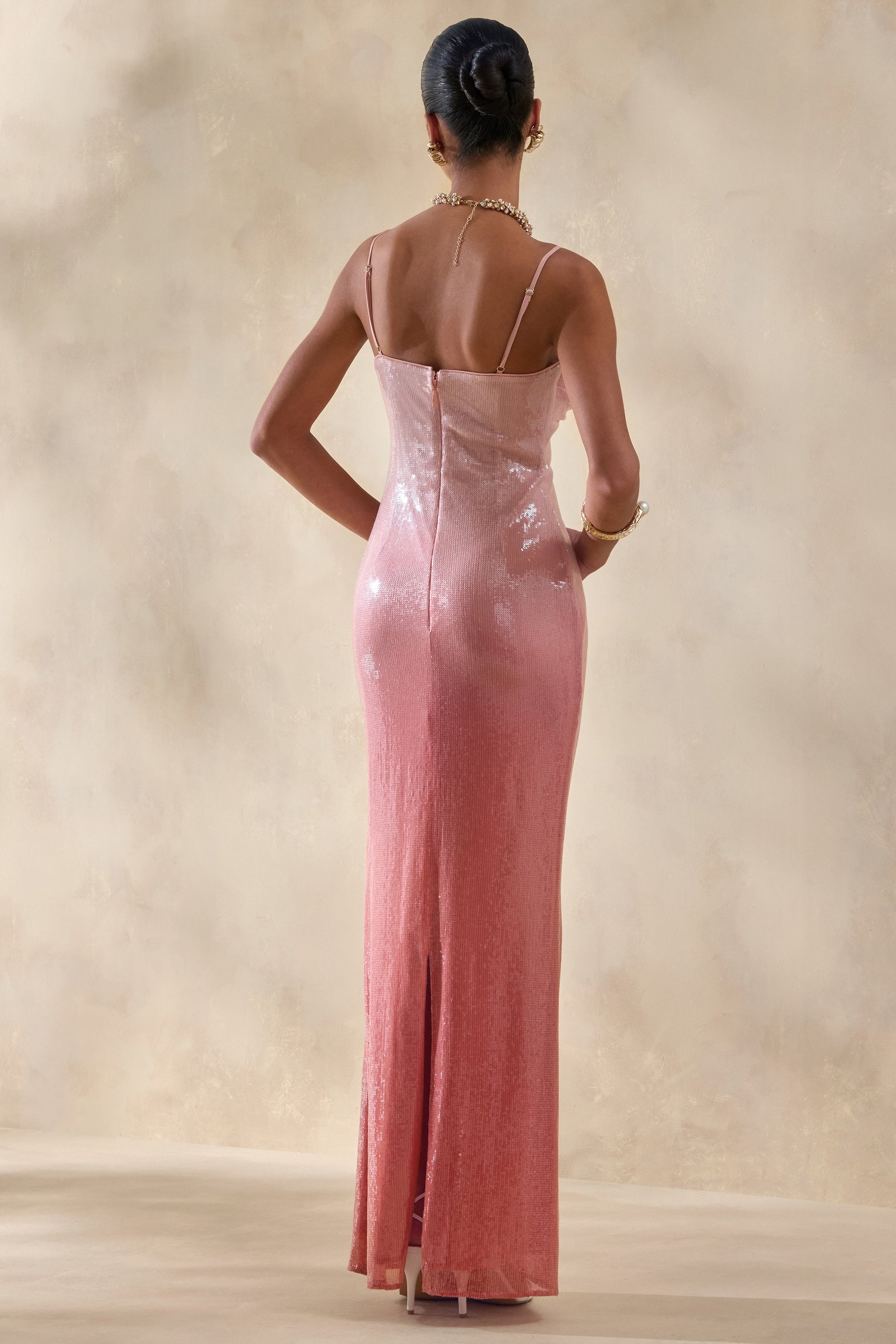 Feloria | Coral Ombre Sequin Cowl-Neck Maxi Dress