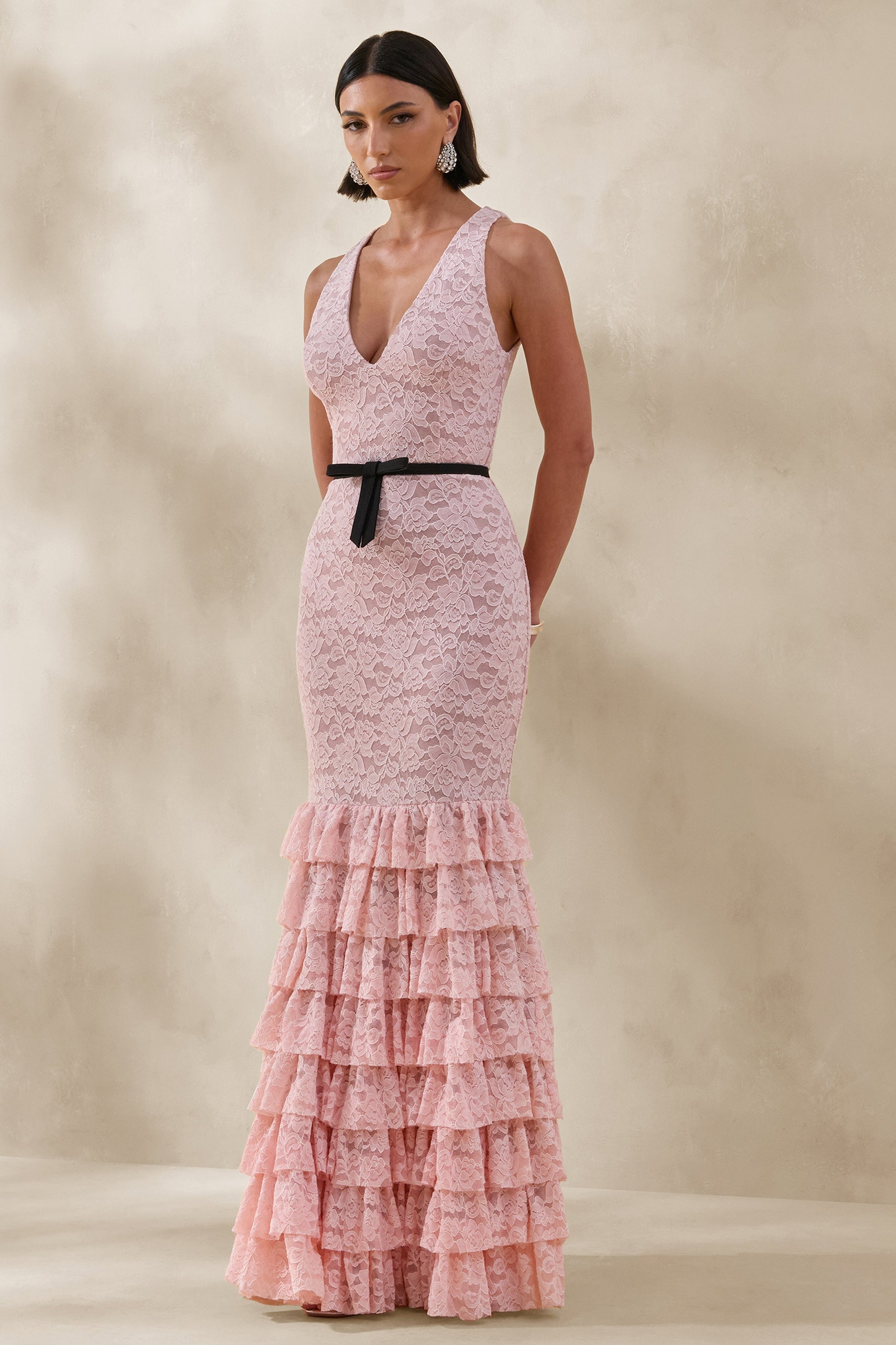 Isoria | Pink And Black Lace Halter-Neck Maxi Dress With Bow-Belt Detail