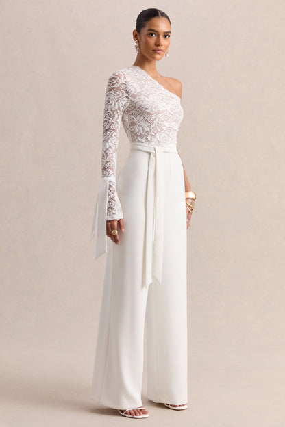 Clarence | White Lace Asymmetric-Neck Jumpsuit With Bow-Details