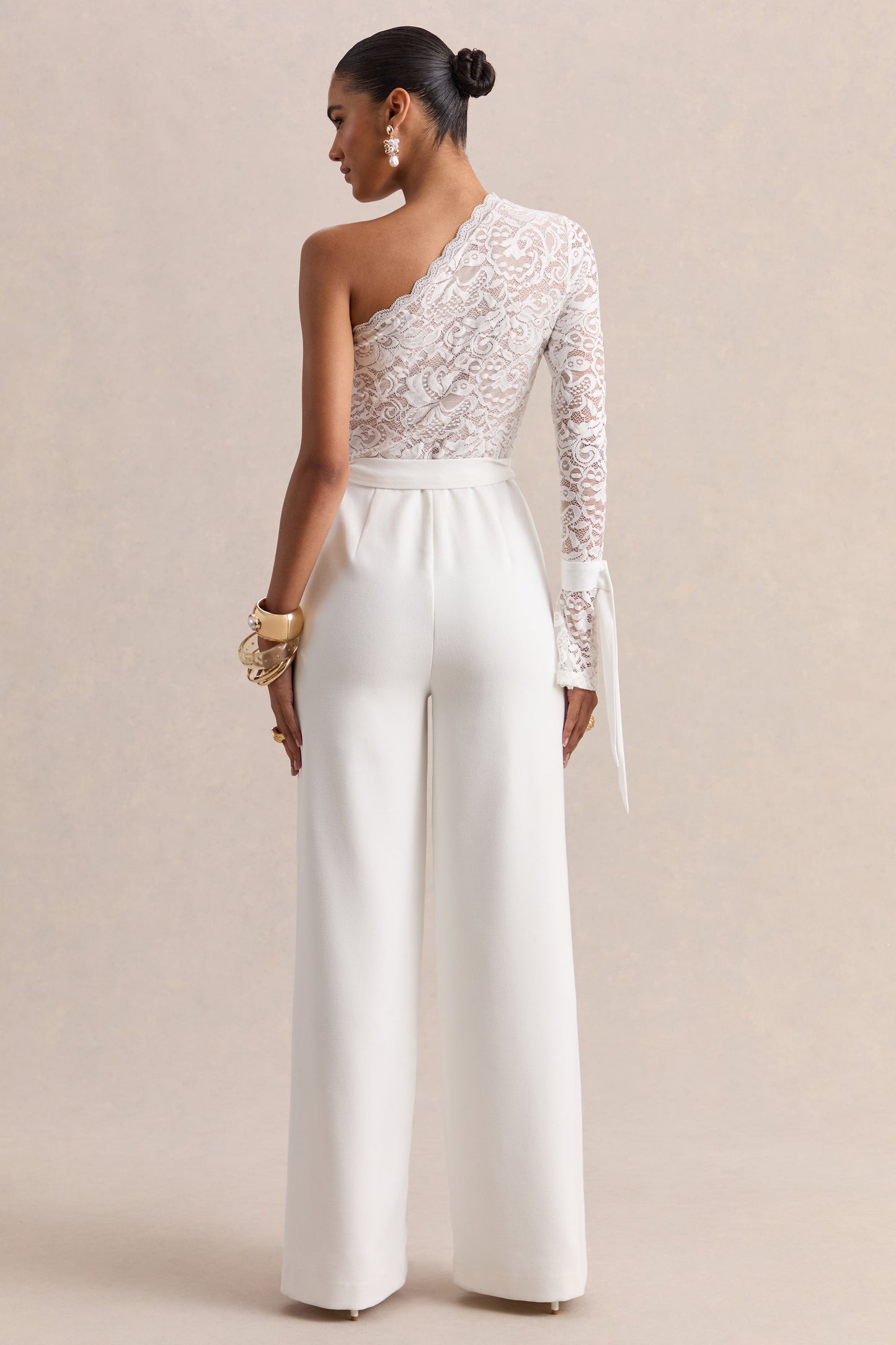 Clarence | White Lace Asymmetric-Neck Jumpsuit With Bow-Details