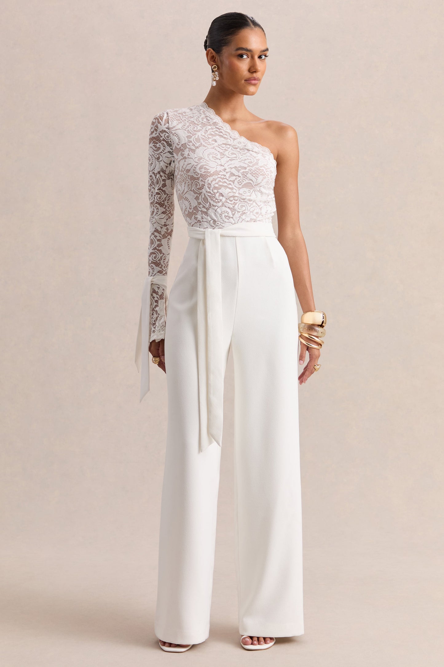 Clarence | White Lace Asymmetric-Neck Jumpsuit With Bow-Details