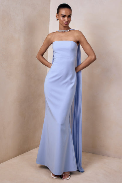 Avery | Powder Blue Bandeau Maxi Dress With Embellished Scarf