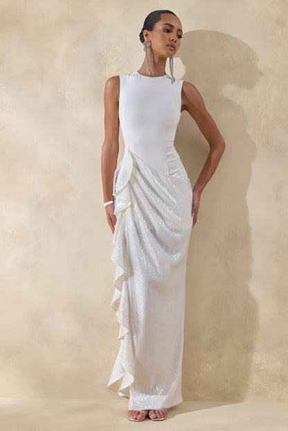 Ada | White Crew-Neck Maxi Dress With Sheer Skirt And Ruffled Detailing