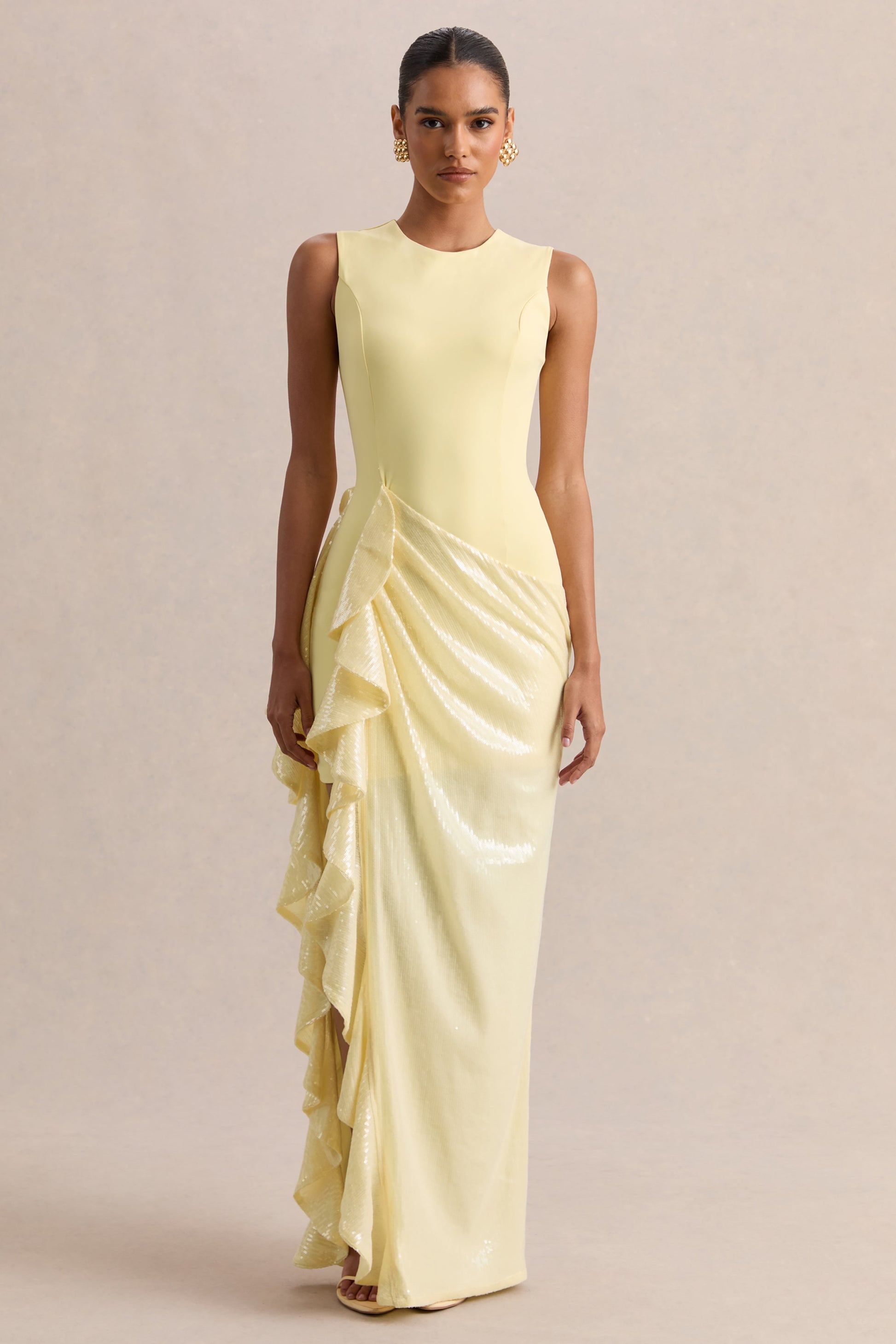 Ada | Lemon Crew-Neck Maxi Dress With Sheer Skirt And Ruffled Detailing