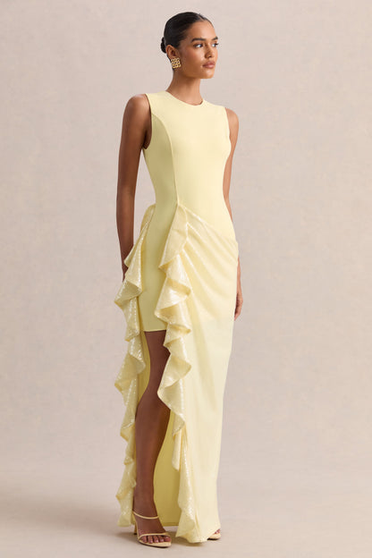 Ada | Lemon Crew-Neck Maxi Dress With Sheer Skirt And Ruffled Detailing