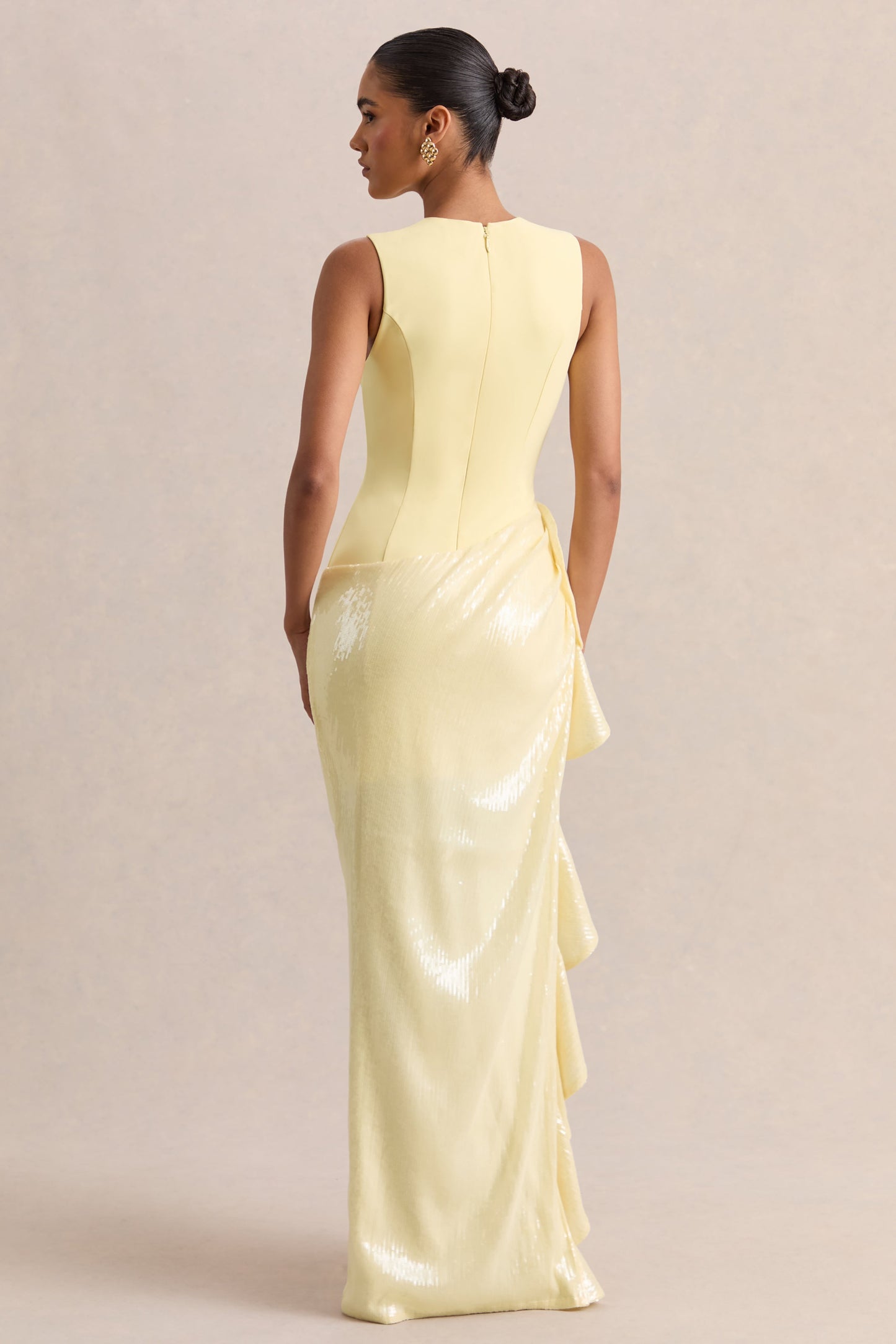 Ada | Lemon Crew-Neck Maxi Dress With Sheer Skirt And Ruffled Detailing