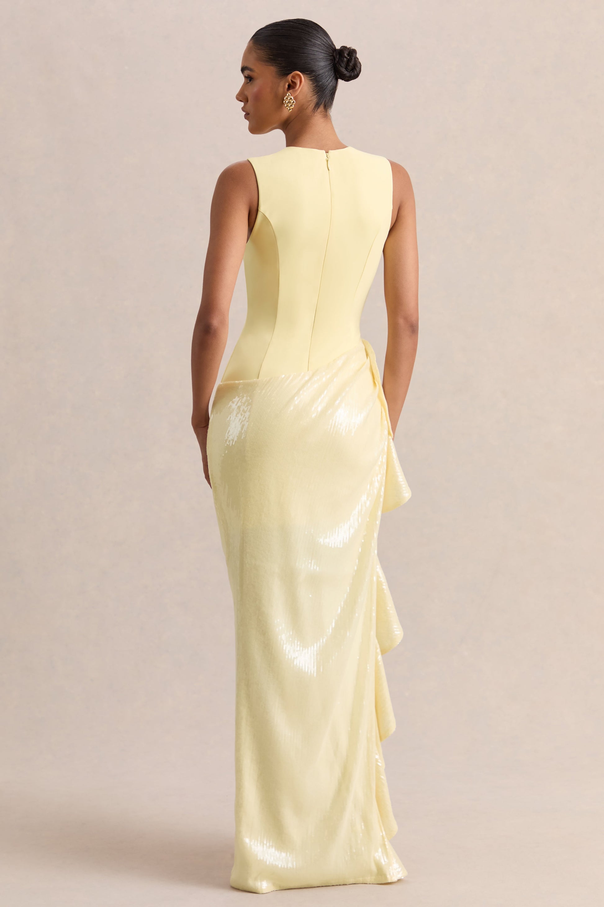 Ada | Lemon Crew-Neck Maxi Dress With Sheer Skirt And Ruffled Detailing