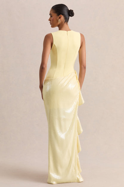 Ada | Lemon Crew-Neck Maxi Dress With Sheer Skirt And Ruffled Detailing