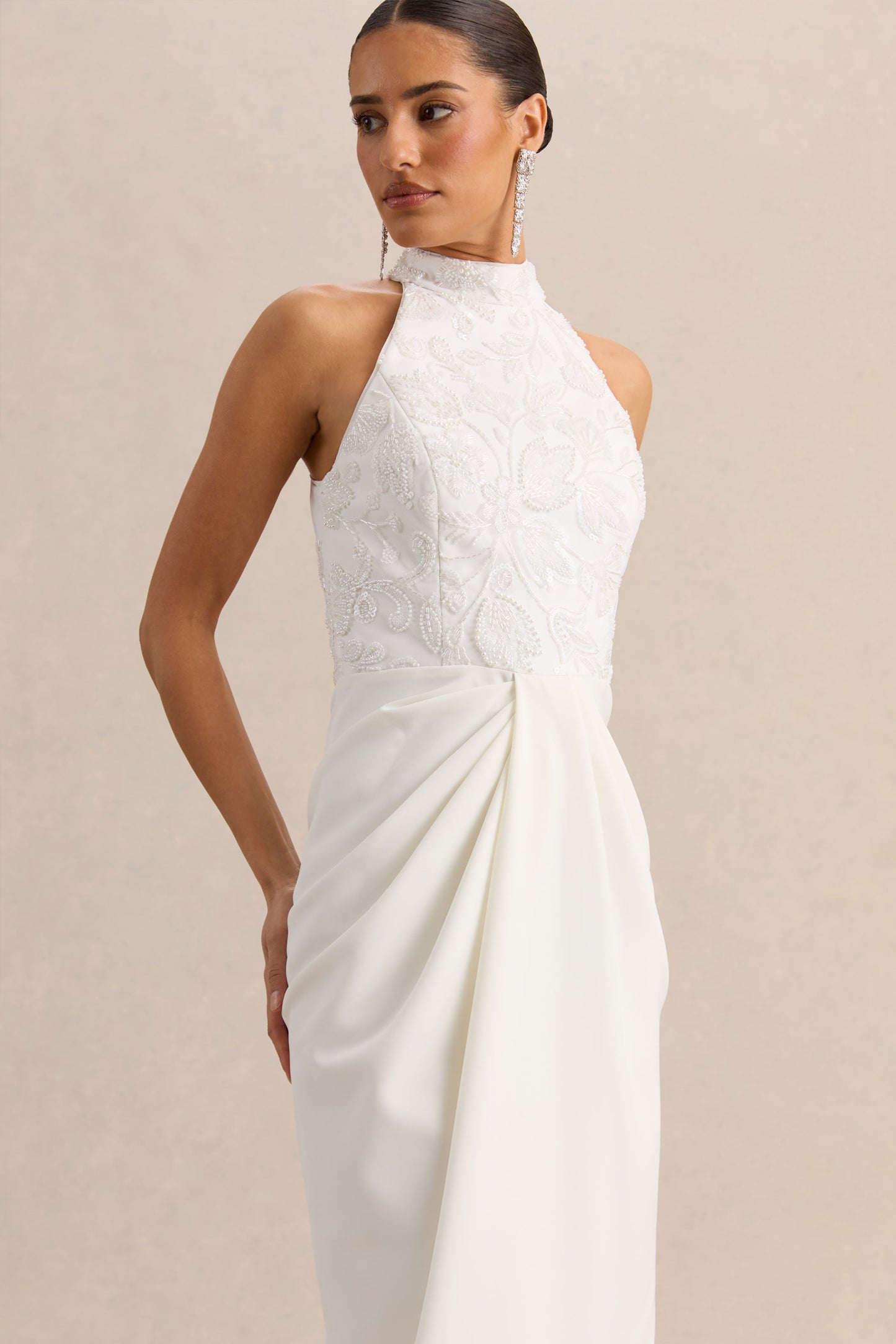 Charlotte | White Halter-Neck Maxi Dress With Gathered-Detailing