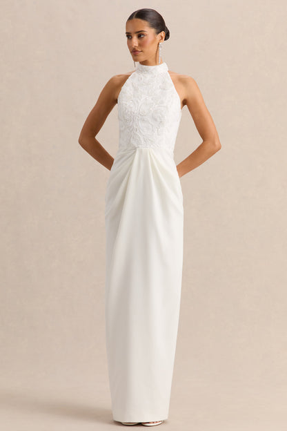 Charlotte | White Halter-Neck Maxi Dress With Gathered-Detailing