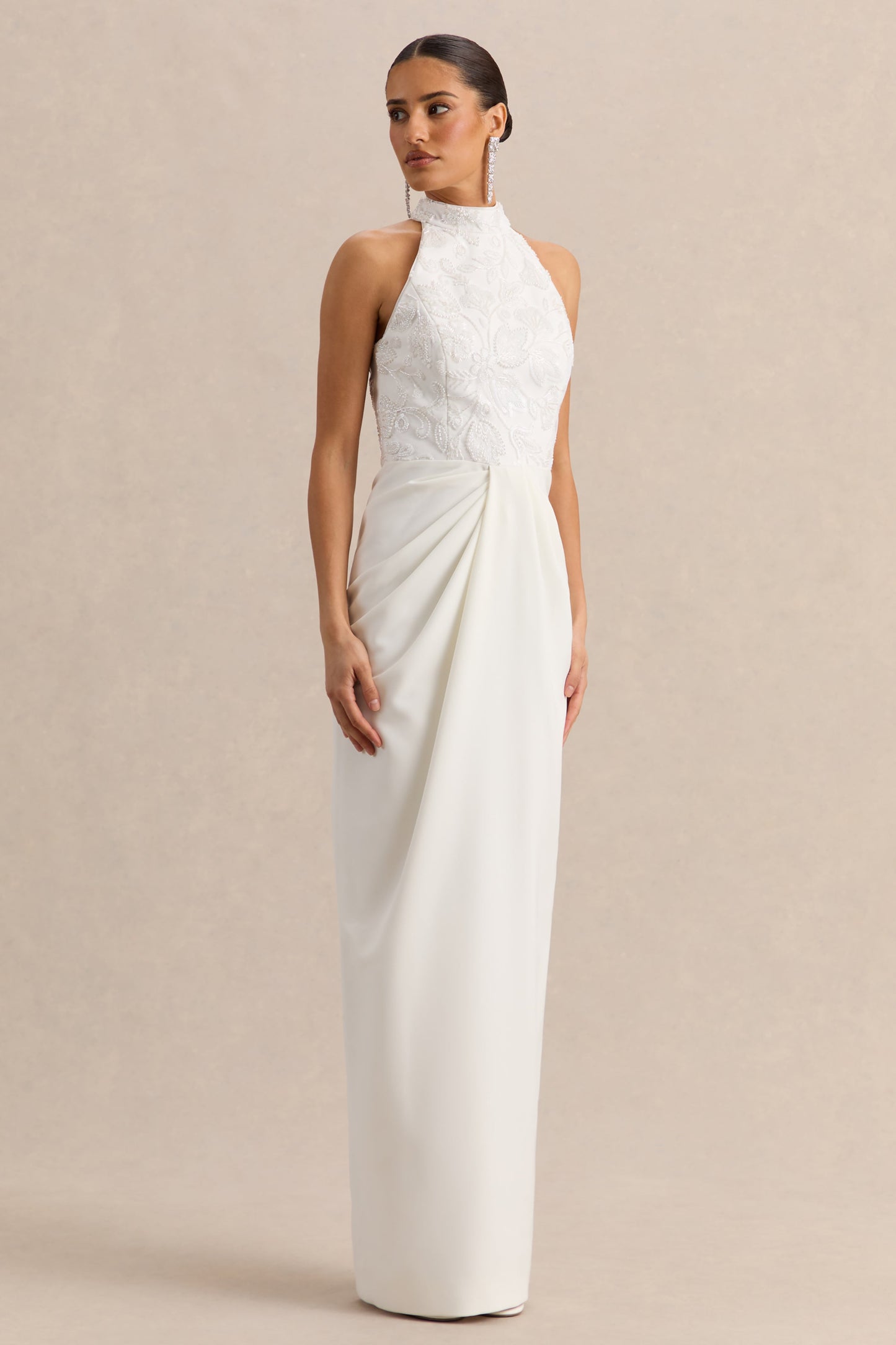 Charlotte | White Halter-Neck Maxi Dress With Gathered-Detailing