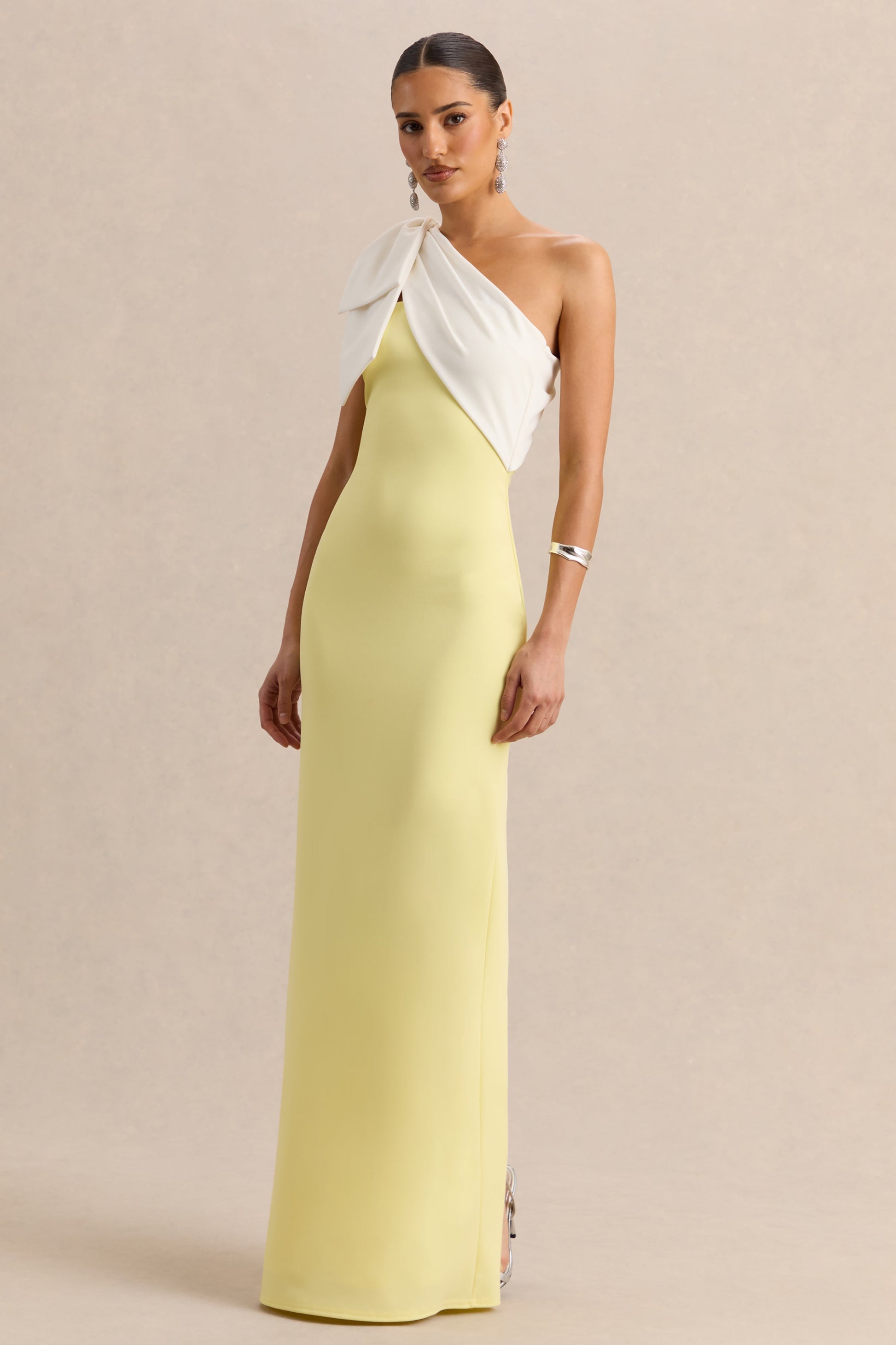 Adara | Lemon & White Asymmetric-Neck Maxi Dress With Bow-Detail