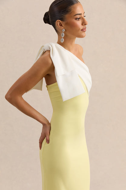 Adara | Lemon & White Asymmetric-Neck Maxi Dress With Bow-Detail
