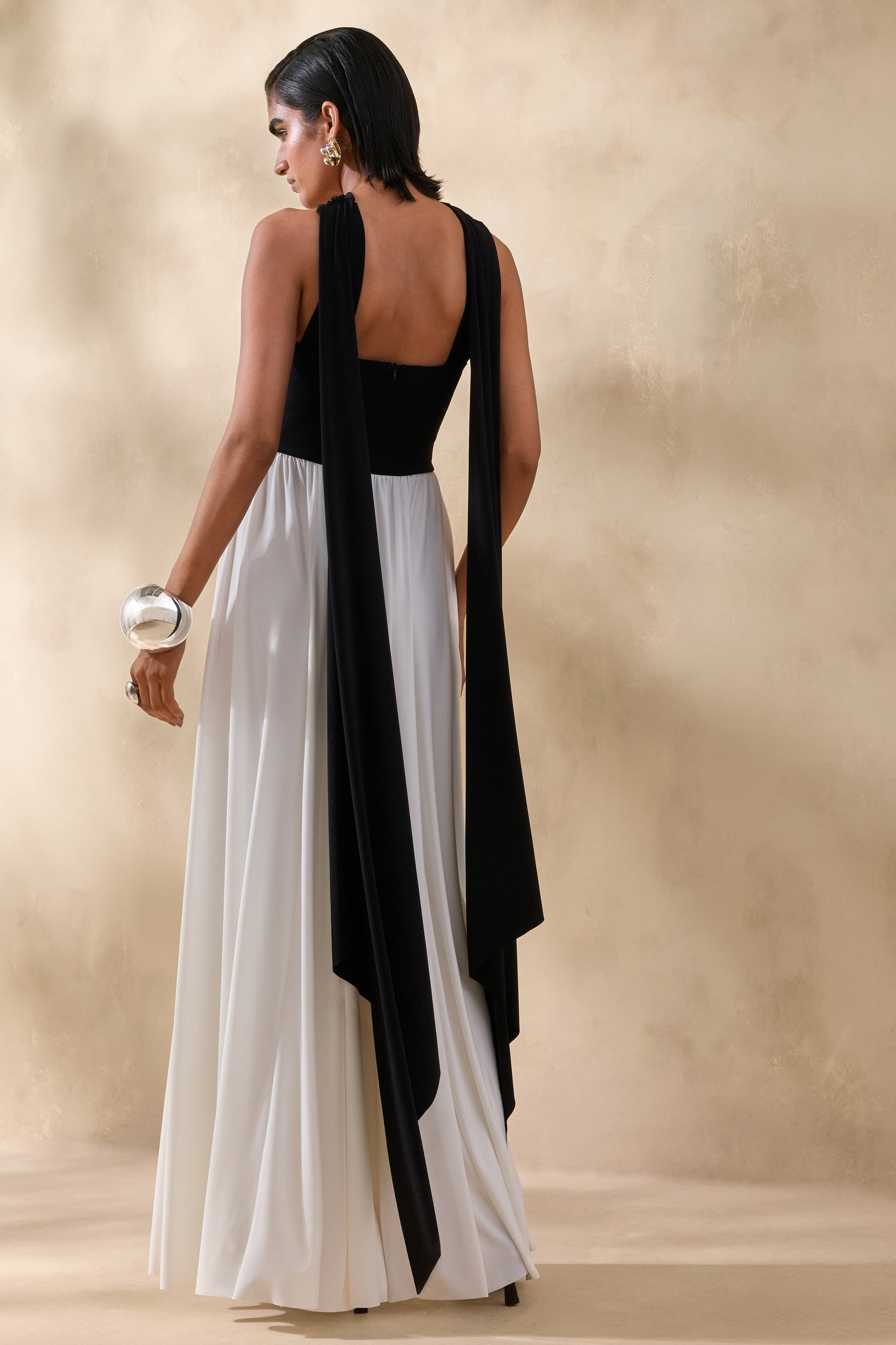 Beamora | Black & White Bandeau Maxi Dress With Cape