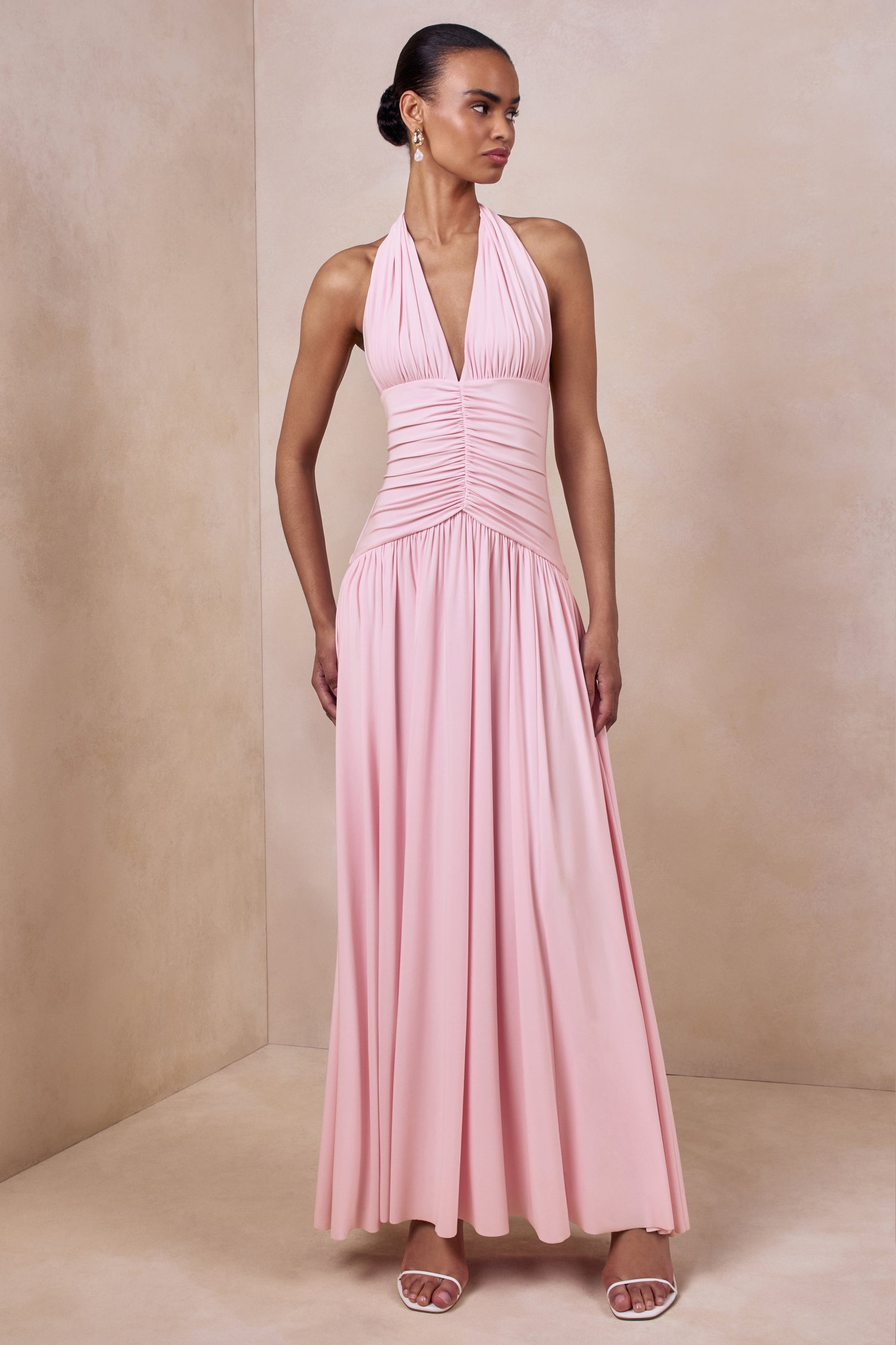 Bettina | Pink Plunge-Neck Maxi Dress With Gathered-Detailing