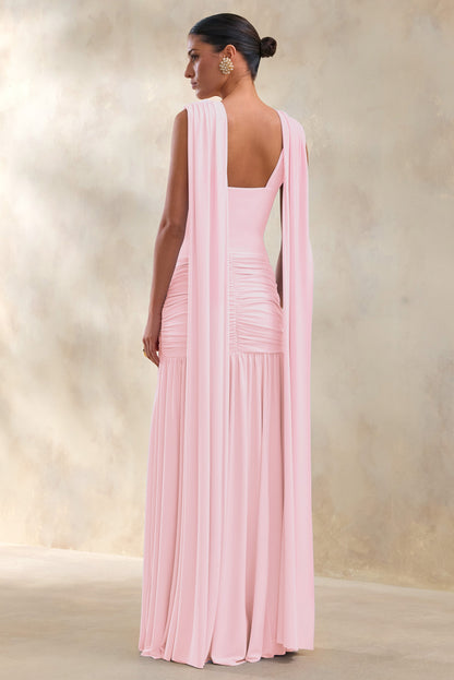 Amelisse | Light Pink Plunge-Neck Maxi Dress With Ruched-Detailing