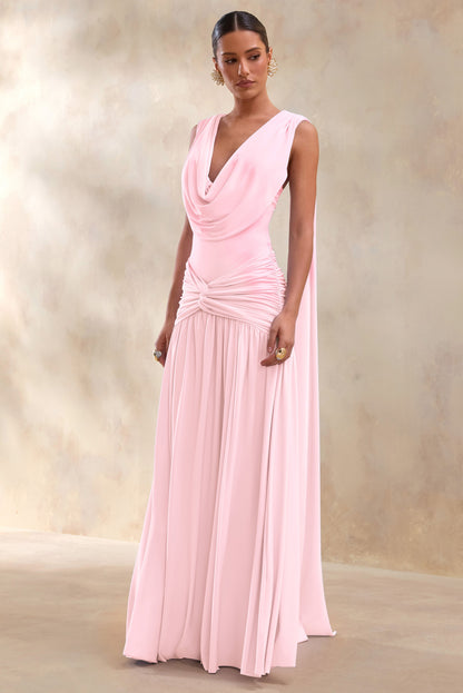 Amelisse | Light Pink Plunge-Neck Maxi Dress With Ruched-Detailing