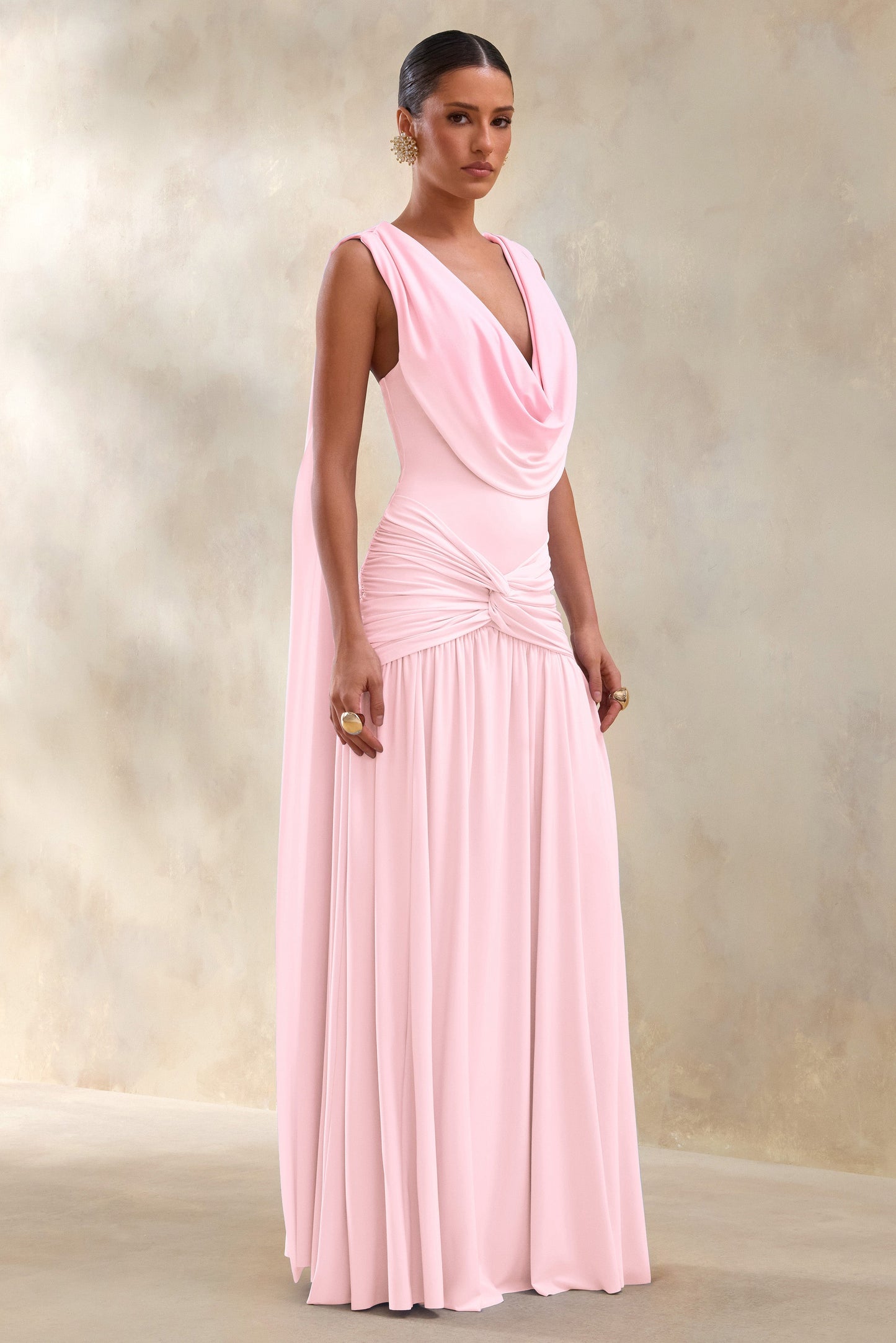 Amelisse | Light Pink Plunge-Neck Maxi Dress With Ruched-Detailing