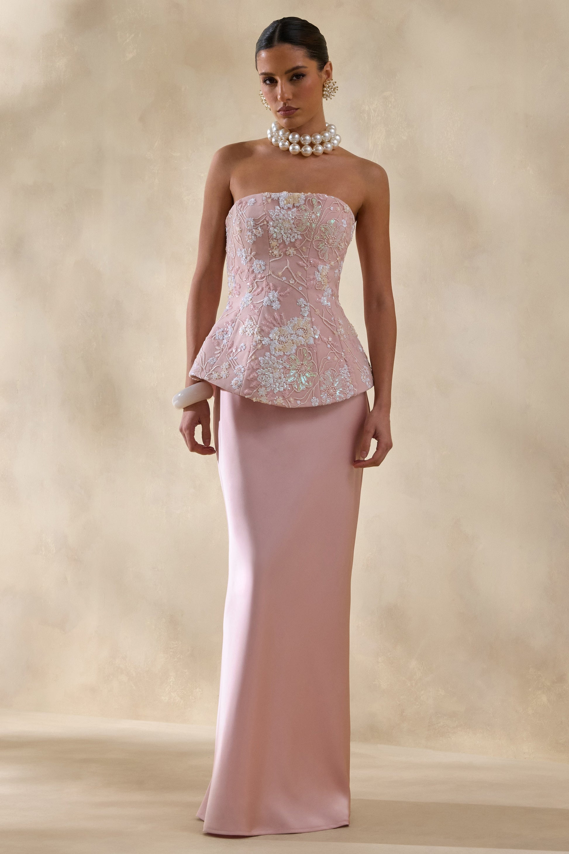 Corvina | Pink Embellished Floral Bandeau Corset Maxi Dress