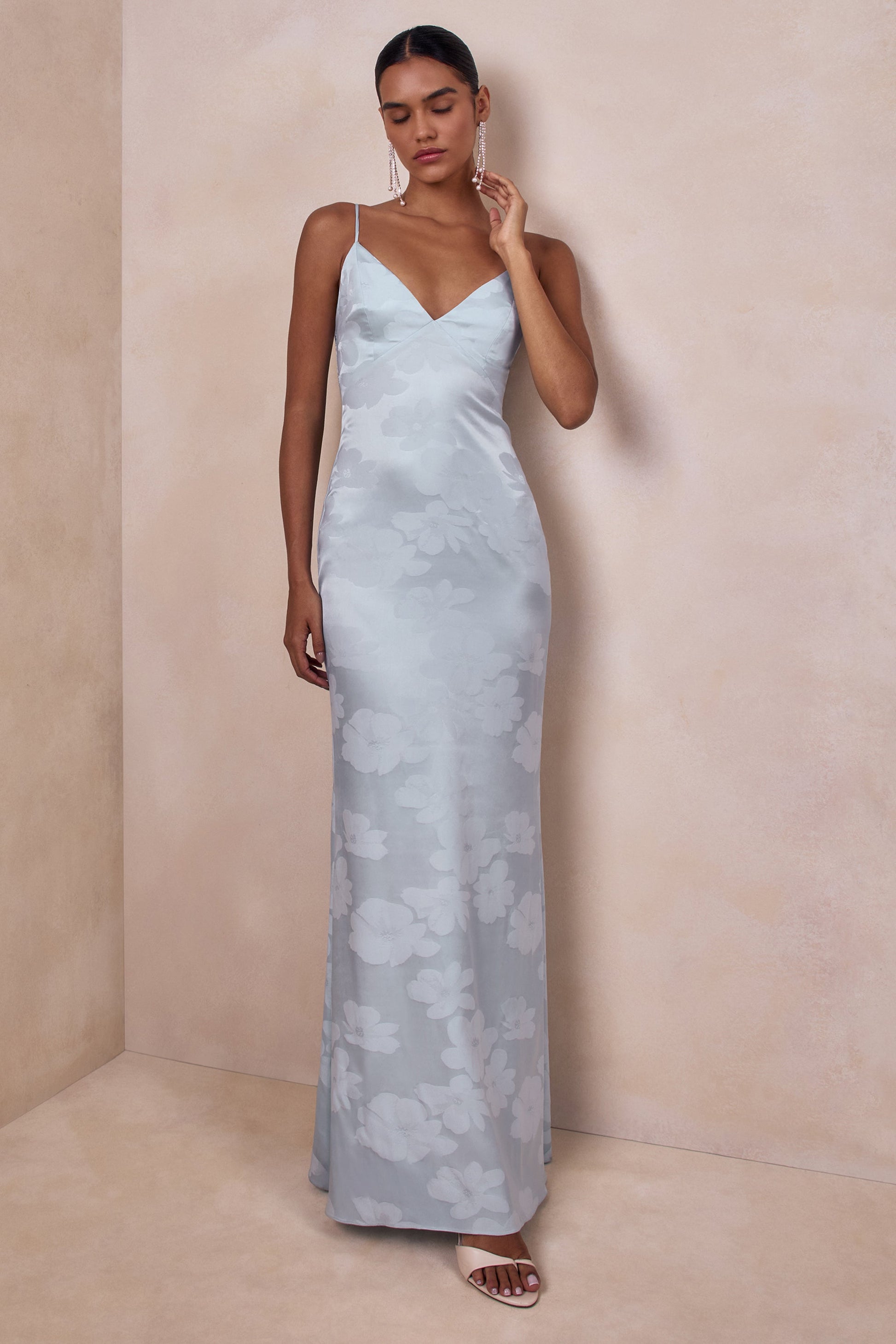 Carelle | Powder Blue Satin Plunge-Neck Maxi Dress With Asymmetric Drop-Waist