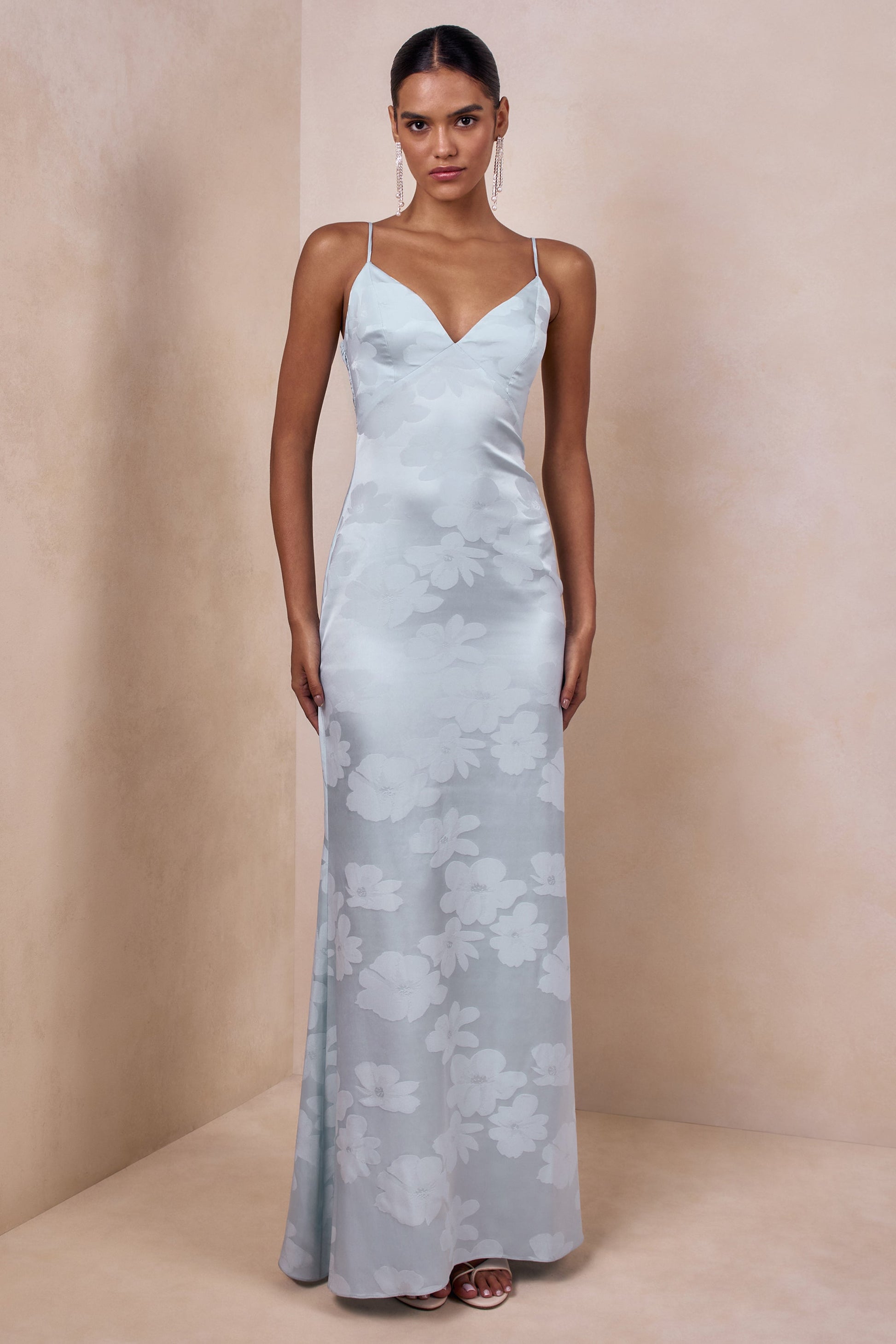 Carelle | Powder Blue Satin Plunge-Neck Maxi Dress With Asymmetric Drop-Waist