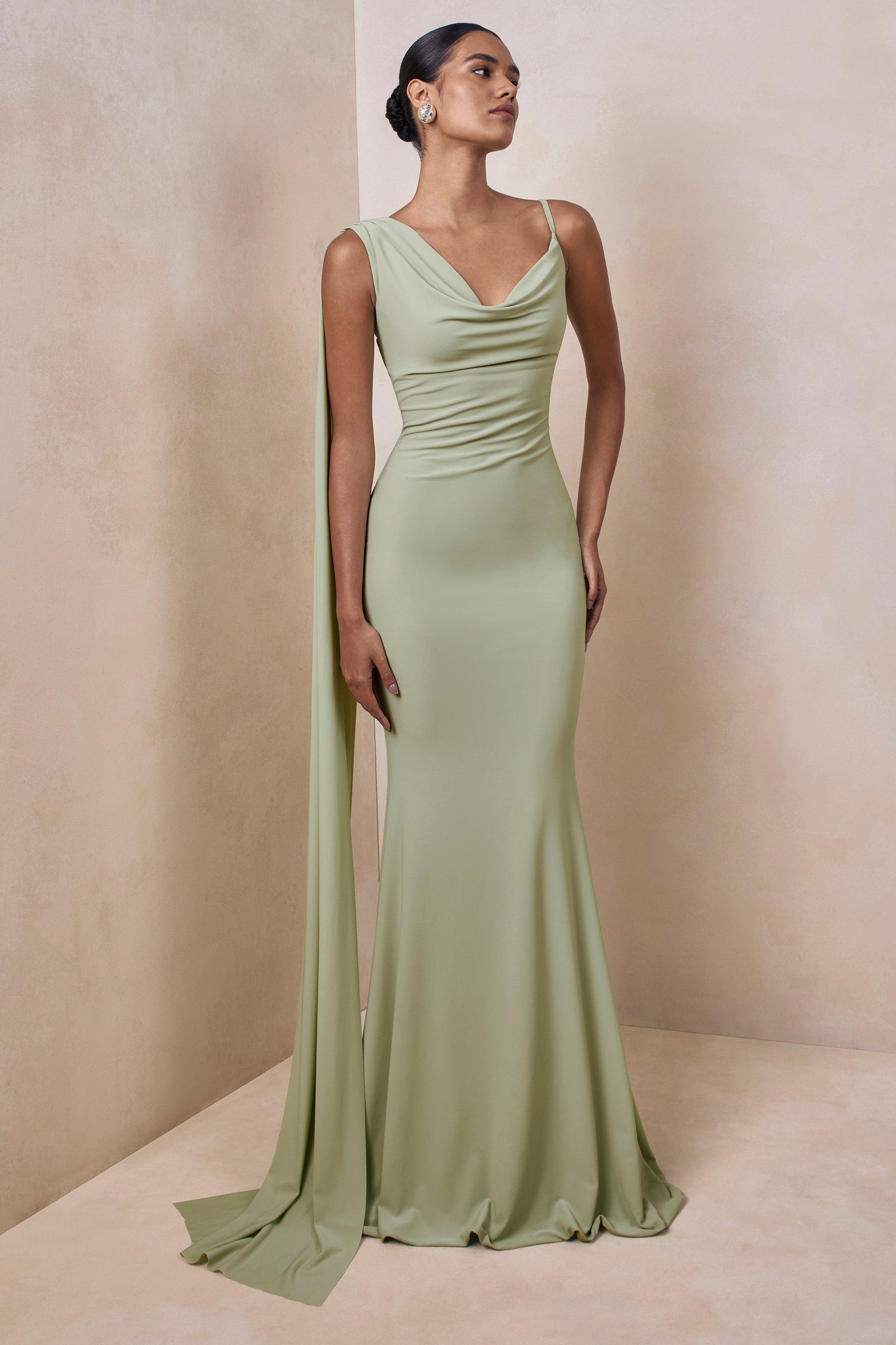 Kenza | Mint Asymmetric-Neck Maxi Dress With Scarf-Detail