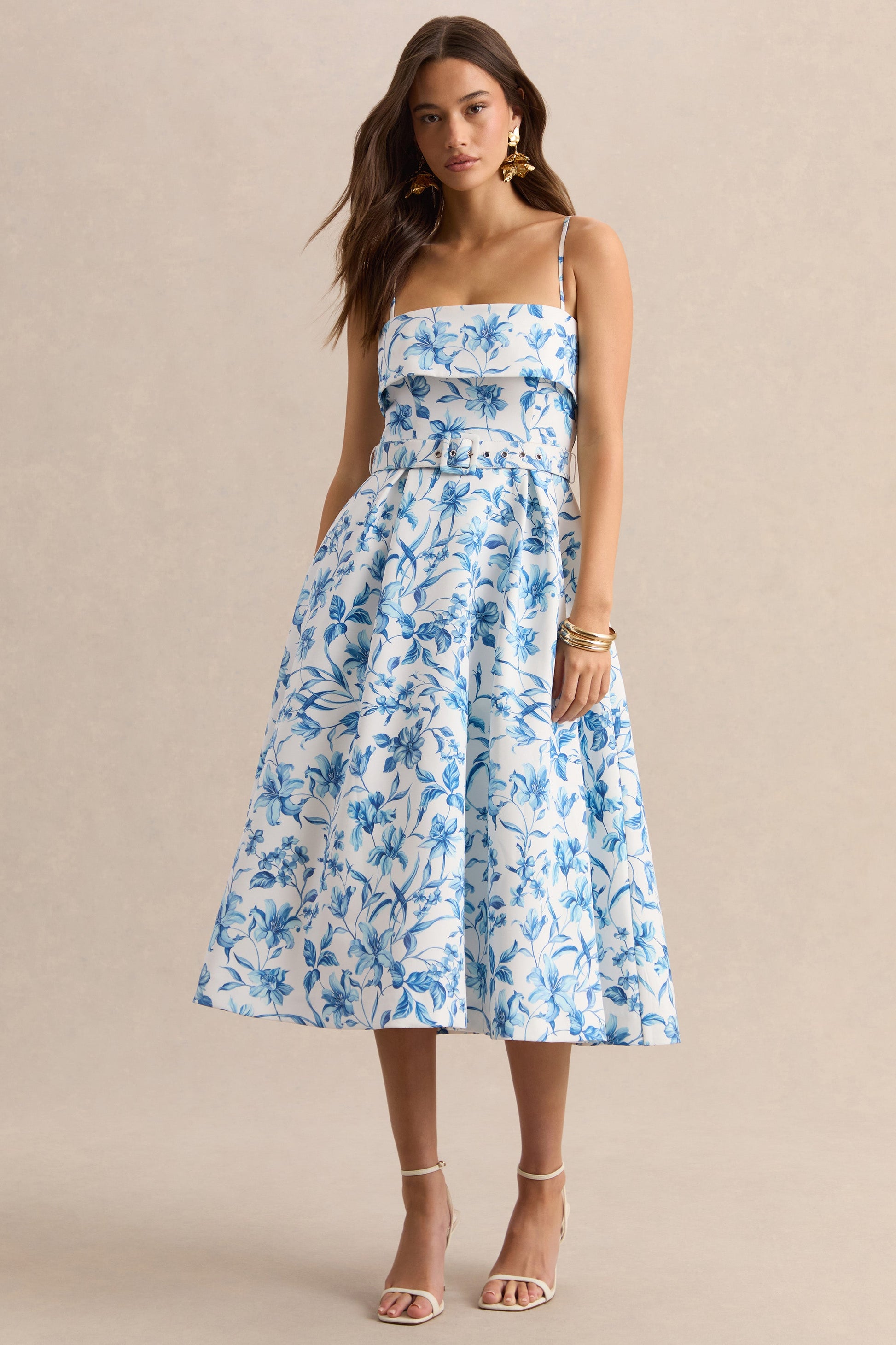Devina | Blue Porcelain Print Square-Neck Belted Midi-Dress