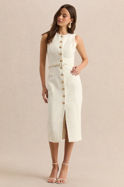 Clea | Cream Crew-Neck Belted Midi Dress With Front-Pockets