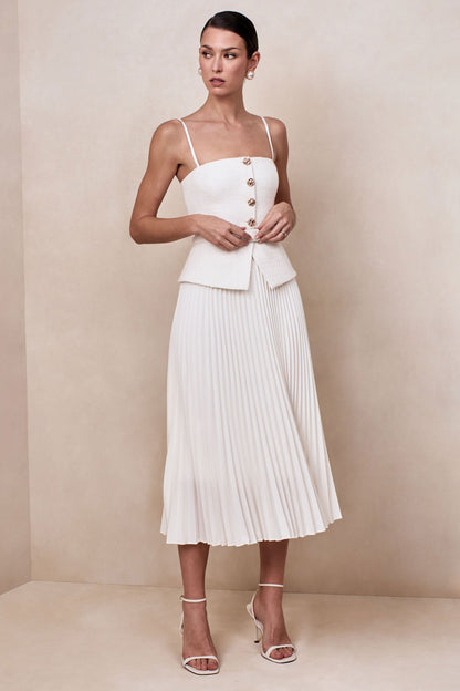 Lizzy | Cream Square-Neck Midi Dress With Pleated-Skirt