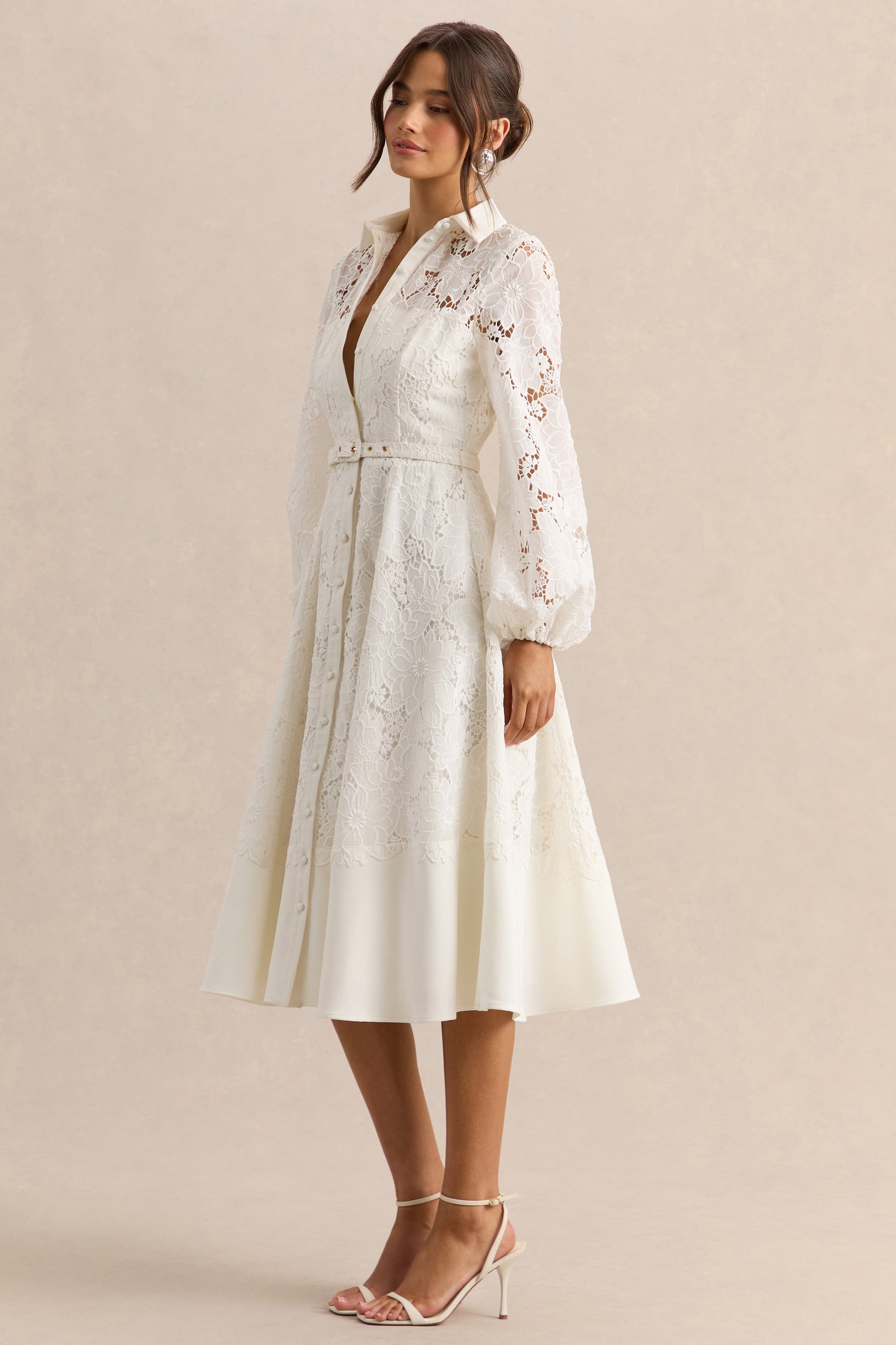 Jules | Cream Broderie High-Neck Tailored Midi Dress With Puff-Sleeves