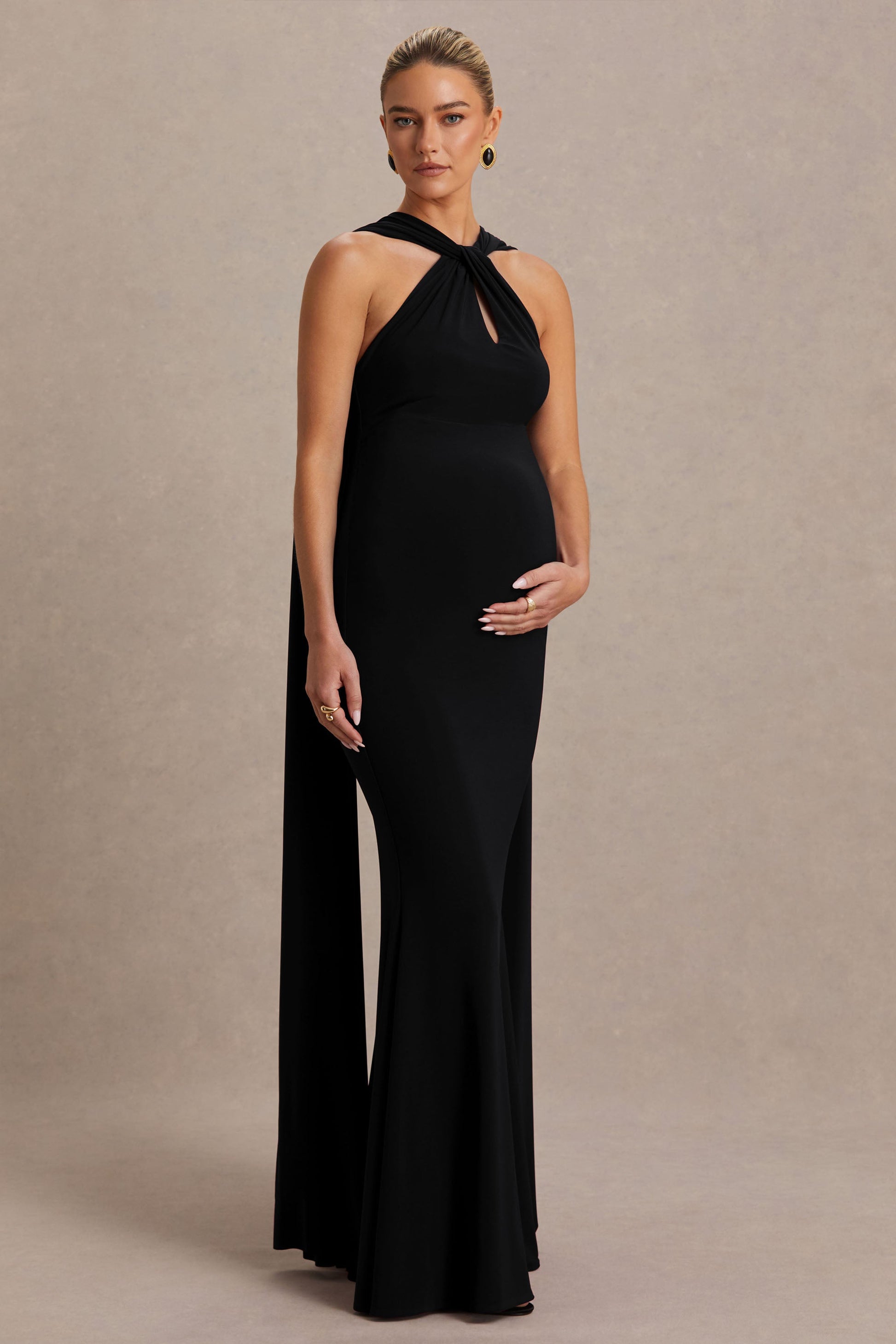 Lyra | Black Cross Halter-Neck Maternity Maxi Dress With Cape