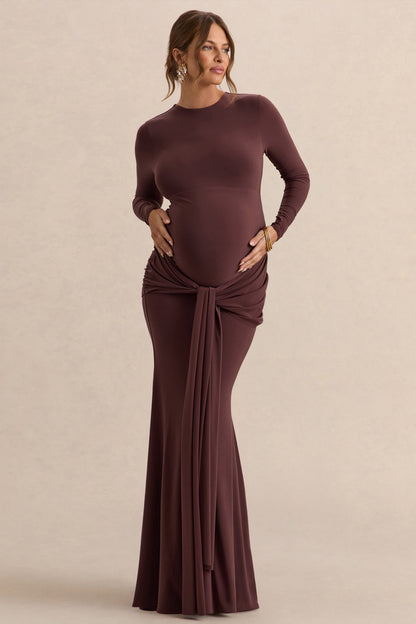 Aveny | Brown Crew-Neck Maternity Maxi Dress With Ruched-Detailing And Sash