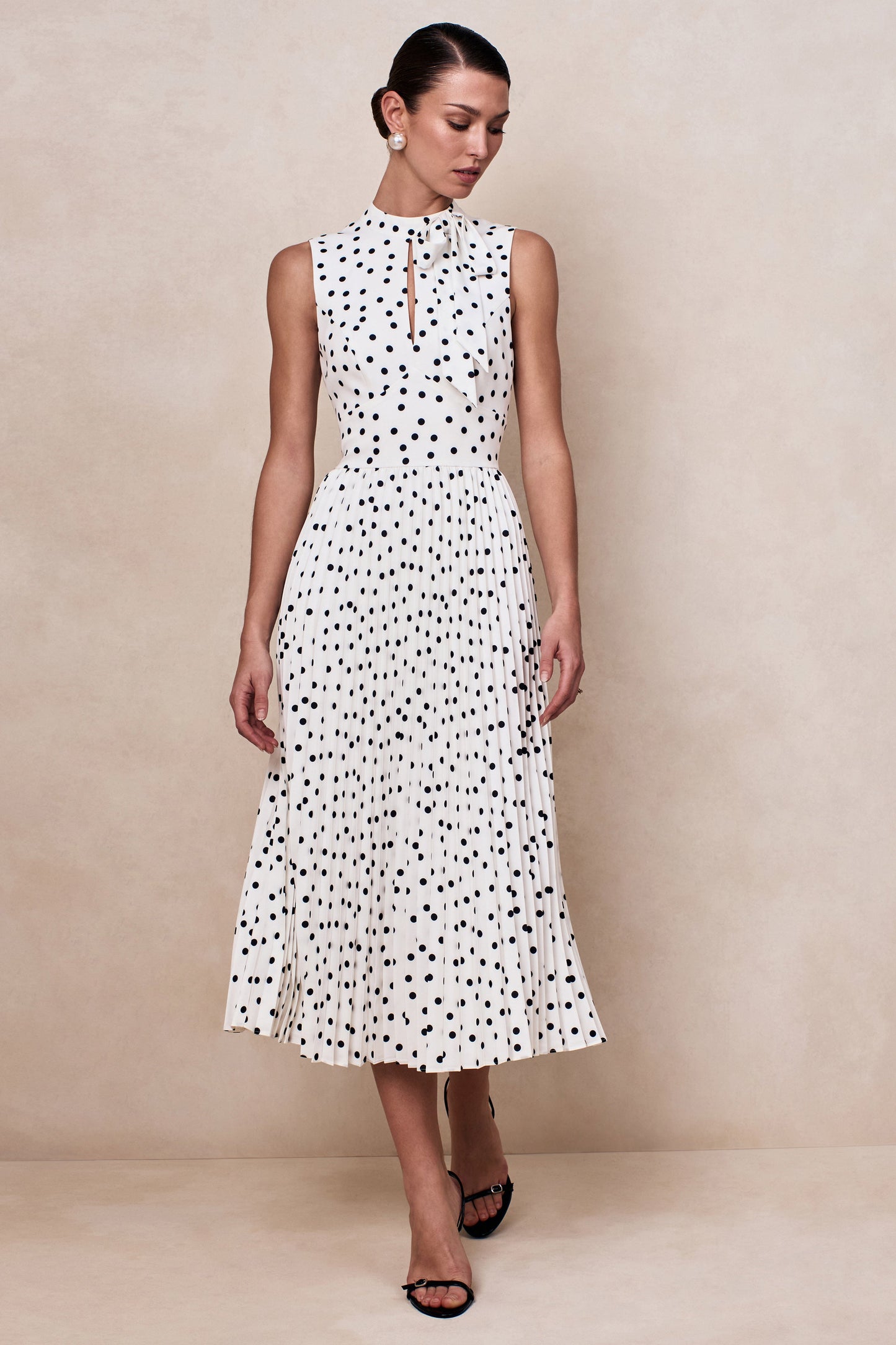Avalon | White Polka Dot Scarf-Neck Midi Dress With Pleated Skirt