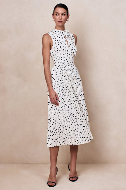 Avalon | White Polka Dot Scarf-Neck Midi Dress With Pleated Skirt