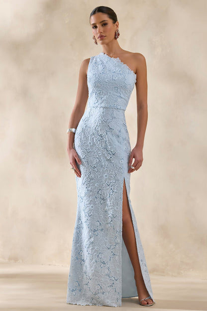 Lunia | Powder Blue Broderie Asymmetric-Neck Maxi Dress