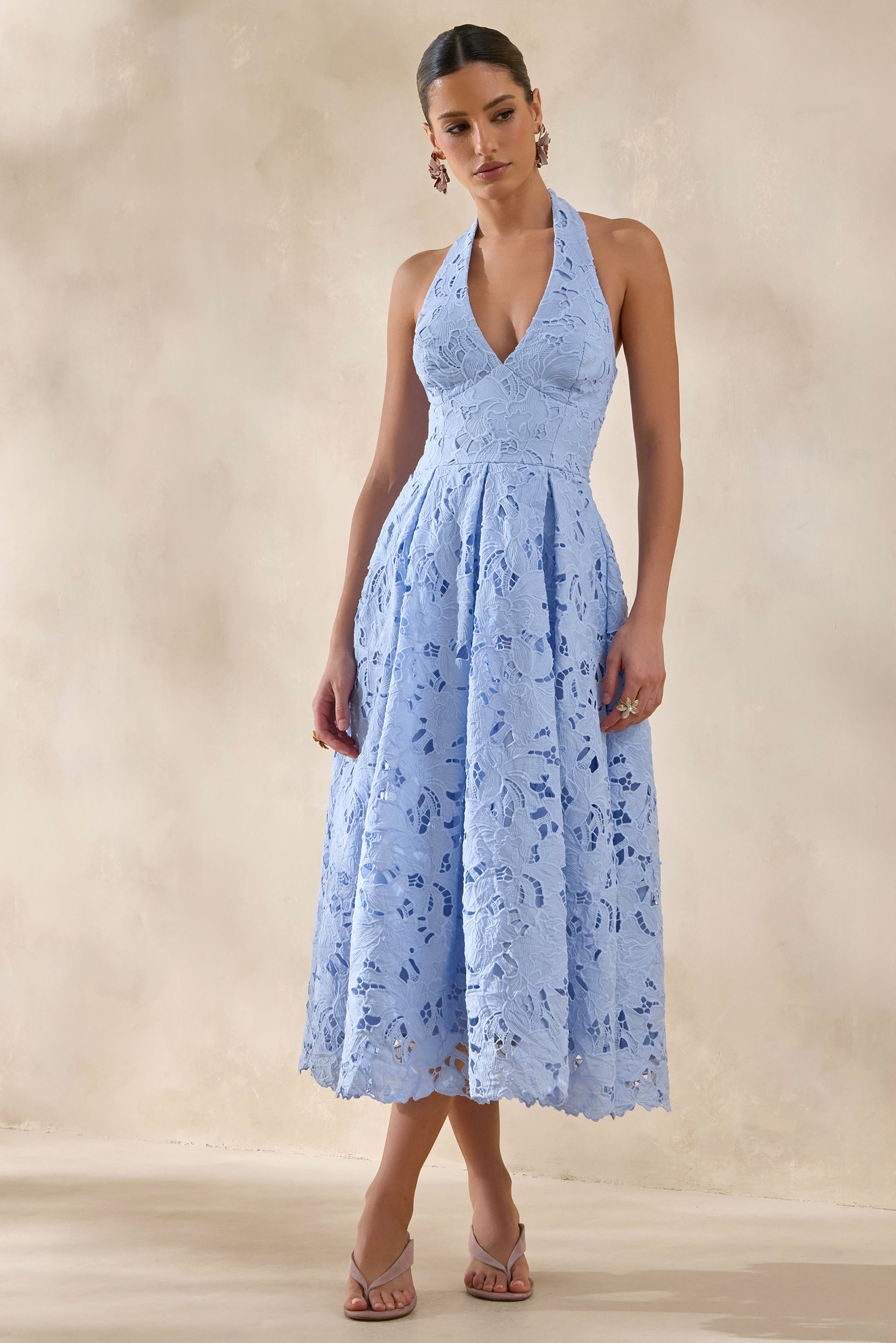 Maribel | Powder Blue Lace Plunge-Neck Midi Dress