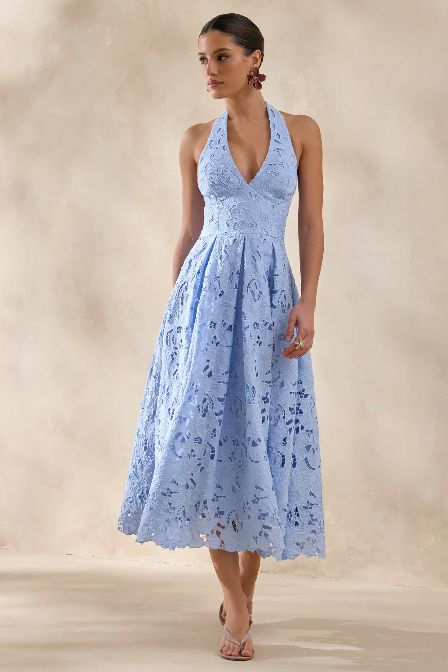 Maribel | Powder Blue Lace Plunge-Neck Midi Dress