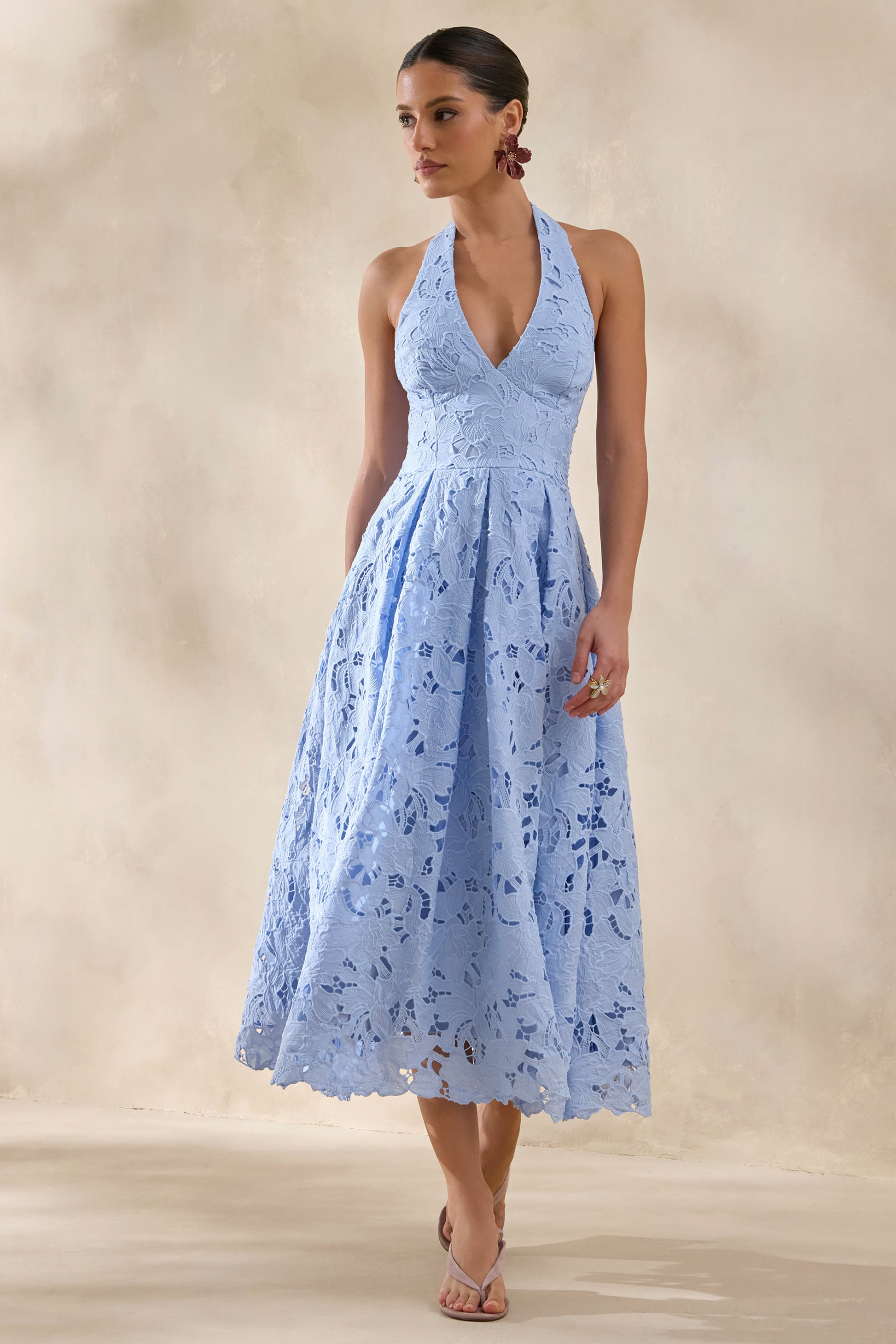 Maribel | Powder Blue Lace Plunge-Neck Midi Dress