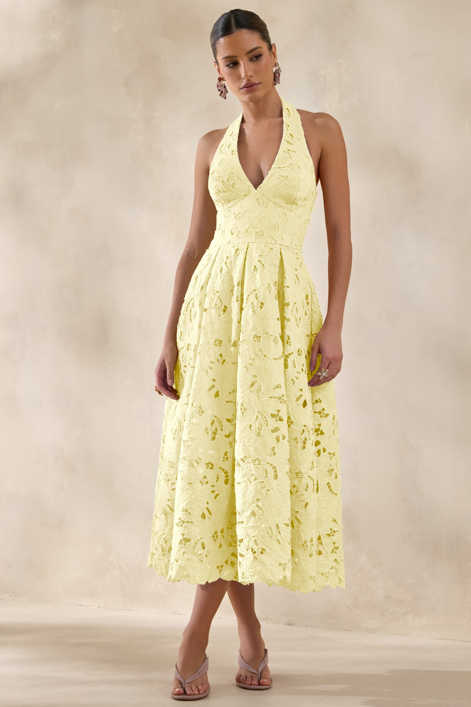 Maribel | Lemon Lace Plunge-Neck Midi Dress