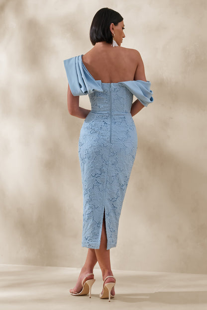 Loria | Powder Blue Lace Asymmetric-Neck Midi Dress With Draped Detailing