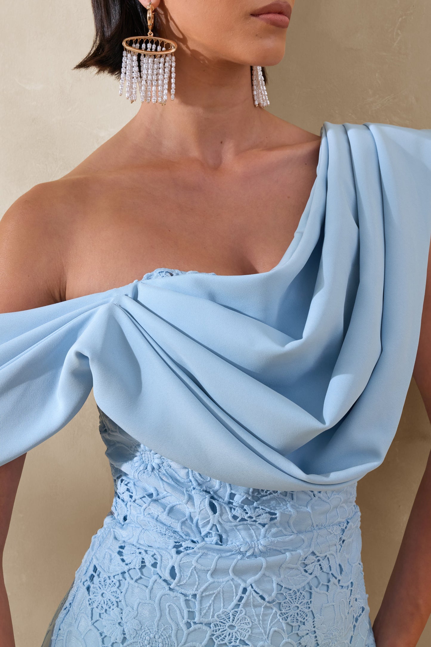 Loria | Powder Blue Lace Asymmetric-Neck Midi Dress With Draped Detailing